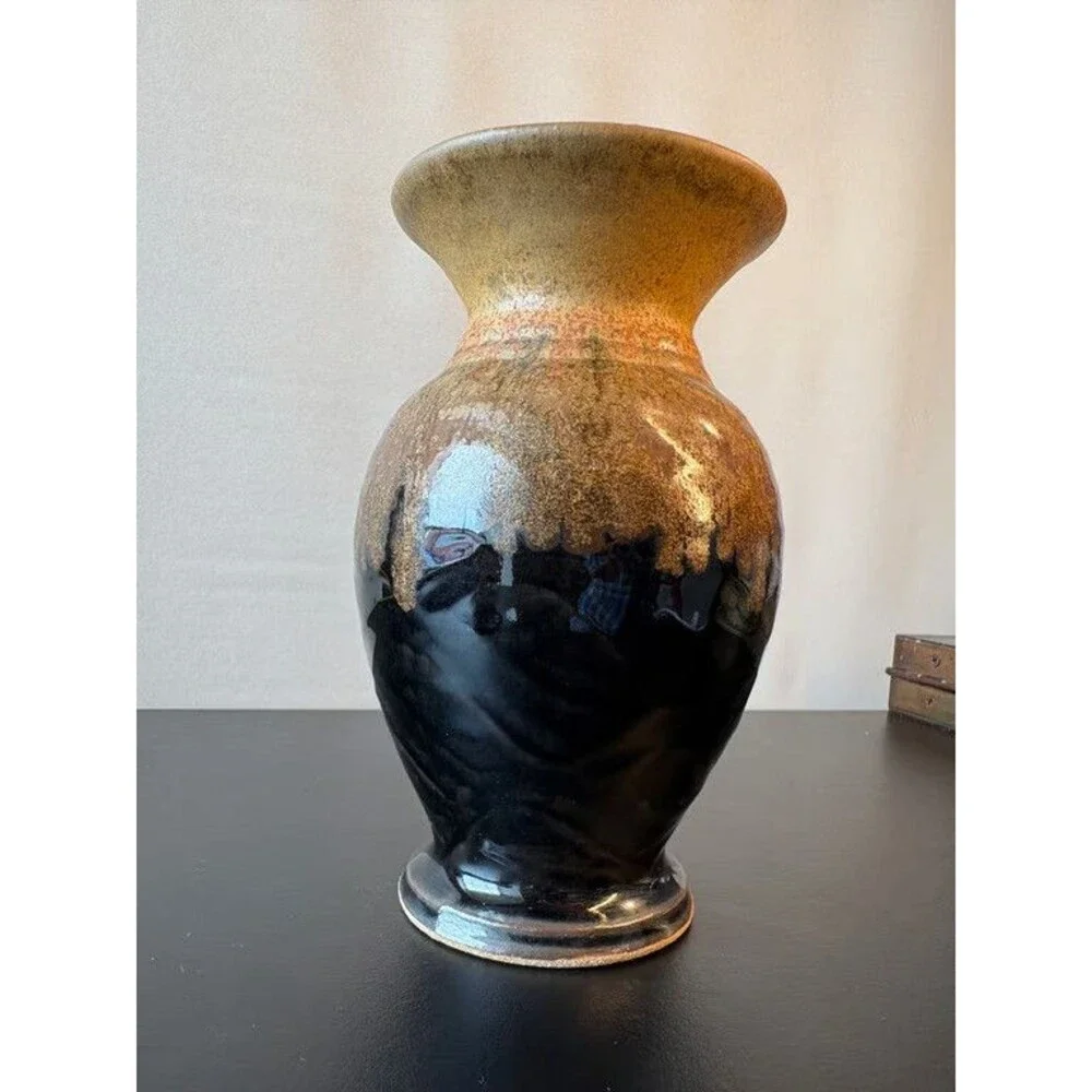 Signed Art Pottery Vase Tenmoku Black Ash Tan Baluster Dated 2009 Stoneware
